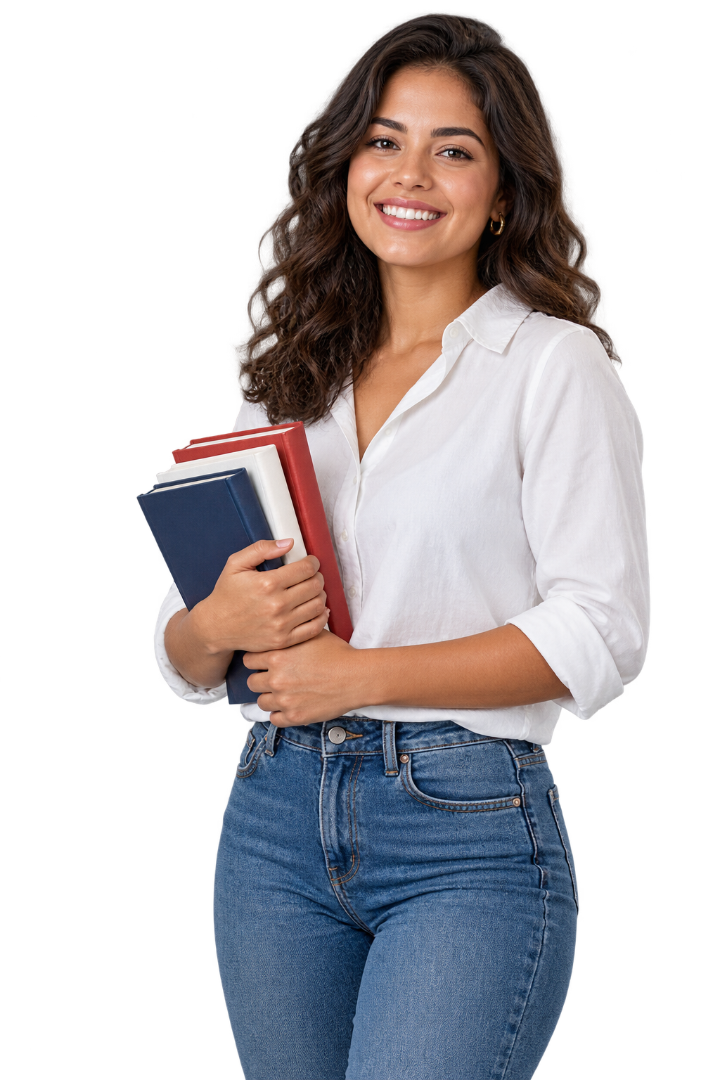 Estudante sorrindo e segurando livros